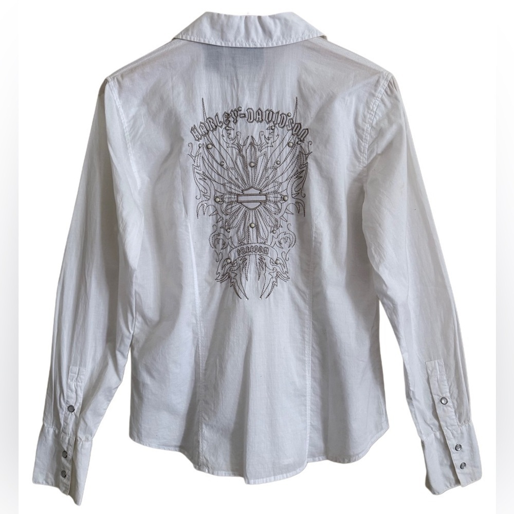 HARLEY-DAVIDSON Women’s 100% Cotton Embroidered Pearl Snap Button Down Shirt S